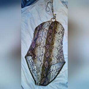 Michael Kors Olive Green and Tan Snakeskin One-Piece Swimsuit